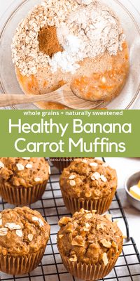 These banana carrot muffins are fluffy, moist, and flavorful! Made with whole wheat flour, oats, grated carrots, and banana- they are mixed in one bowl! and naturally sweetened.