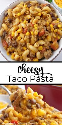 Cheesy Taco Pasta is loaded with ground beef, corn, beans, elbow noodles, enchilada sauce, and lots and lots of cheese.