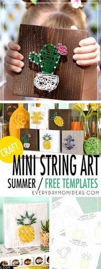 Mini String Art Templates Perfect For Summer, Six FREE mini template designs to choose from: Pineapple, Blooming Cactus, Ombre Feather, Boat Anchor, Lemon, and a Sunburst. These simple designs were designed for newbie string artist. Perfect for a girls night activity or kids ages five and up. These make adorable summer decor! Anyone can make these little crafts in under 20 minutes and each project cost only between $2 to $4 to make. The templates are easy to print and download at Everyday Mom Id