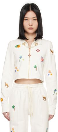 Organic cotton twill jacket. Graphics embroidered throughout. · Spread collar · Zip closure · Logo patch at chest · Cropped hem · Logo embroidered at back hem · Unlined Supplier color: White