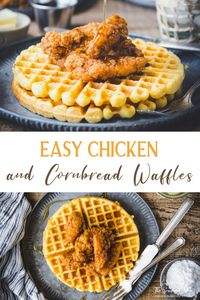 This quick weeknight chicken and waffles recipe includes crispy chicken tenders, hearty cornbread waffles, and a drizzle of maple syrup, honey, or powdered sugar. The combination is sweet, savory, and perfect for breakfast, brunch, lunch, or dinner!