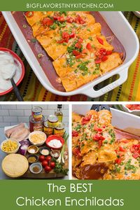 These are seriously the BEST chicken enchiladas - they're always a hit! Chicken is dusted with Mexican spices, shredded, and tossed with chiles, corn, and tomatoes. Then it gets wrapped up, coated with cheese, and baked until nice and melty. This recipe makes 2 trays of enchiladas, which makes them perfect to serve a crowd or to enjoy as leftovers. I hope you love them as much as we do!