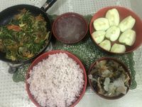 My Dinner Special: Bhutanese Red Rice, Dried Bones with Radish, Fried Virgin Mustard Leaves, Chicken Soup & Fresh Apples for Dessert. Life is Happiness! #bhutan #dinner #redrice #driedbones #radish #mustardleaves #chickensoup #apples #dessert #bhutanesefood #namgaydorji #bhutanmajestictravel #bmthappinesshouse #foodporn