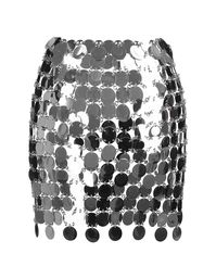 Iconic mini skirt by Paco Rabanne entirely made with silver mirrored discs connected by metal rings. Asymmetrical model with a fitted cut that closes with automatic buttons hidden under two of the discs.Size and fit: Size range: France women clothingGender: WomenMaterial: 60% PLASTIC 40% BRASSColor: SILVERMade in: MGProduct ID: 19EIJU010PS0133P040*Import tax/duty will be calculated at checkout (If applicable)