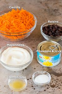 This carrot salad is fresh shredded carrots, sweet raisins and juicy pineapple, all tossed in an easy homemade dressing. A super fast side dish option that's a big hit with both kids and adults.