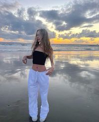 Linen pants, black tube top, summer, beach