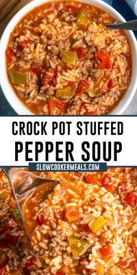 This Crock Pot Stuffed Pepper Soup is simple to make and packed with stuffed pepper flavor. It only takes a few minutes of prep, so you can have a hearty and comforting soup ready to eat in no time with the help of your slow cooker!