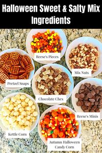 Halloween Sweet And Salty Snack Mix Recipe Ingredients For The Best Halloween Snack Mix. This Fall Harvest Snack Mix is made with sweet and salty snacks including Reese's Pieces, Pretzel Snaps, Chocolate, Chex, Mixed Nuts, Kettle Corn, Autumn Halloween Candy Corn Mix, and Reese's Minis. This Halloween Snack Mix is perfect for a hike this fall, or to enjoy with a cold pumpkin brew.