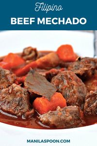 The first time I made this, hubby said it became his instant favorite! Deliciously tender chunks of beef slowly simmered in tomato sauce flavored with Asian seasonings. Your taste buds are treated to a savory, tangy and sweet explosion of flavors! #beef #mechado