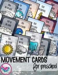 These weather themed movement cards will keep your students active while they're excited for the weather to warm up! Move like a cloud, wind, sun, tornado, lightning, and more! Keep those excited little ones busy indoors when it's too rainy to go outside! All while teaching them about different actions, types of weather and improving their gross motor skills! Print and cut these out, laminate them and keep them all together on a metal ring. Put on some music and let your kids dance!