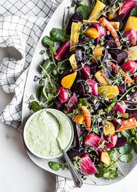 Roasted Beet Salad with Chèvre Green Goddess Dressing