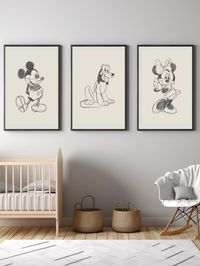 A neutral set of Mickey Mouse prints perfect for any nursery, bedroom, or living room! SIZE: A3