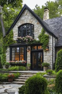 English cottage house pastel shade stone facade climber vines flower boxes under windows large black glass doors stone path along the facade with shrubs. Check out all of these charming modern cottage houses that combine beloved classic architecture with a modern twist.