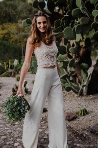 2018 Newest Two Pieces Bohemian Pant Suit Wedding Dresses Beaded Pearls See-through Country Style Beach Bridal Gowns Custom Made Vestido De