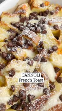 40min · 8 servings     INGREDIENTS   1 loaf brioche bread  • 4 eggs  • 1/4 cup granulated sugar  • 1 cup whole milk  • 1/4 cup ricotta cheese  • 1 tsp vanilla extract  • 1/2 tsp kosher salt  • 1 cup mini chocolate chips  • Cannoli Filling  • 8 ounces mascarpone cheese  • 1 1/2 cups whole milk ricotta cheese  • 1 cup powdered sugar  • 1 tsp vanilla extract  • In a large mixing bowl, whisk together milk, eggs, ricotta, sugar, salt and vanilla.  • In a second bowl, add all the ingredients for the cannoli filling. Mix until smooth and creamy!  • Take one slice of bread and spread 2 tablespoons of the cannoli mixture. Place another slice or brioche on top. Cut into four pieces. Arrange facing up in a buttered baking dish. Repeat until all of the bread has been used.  • Pour custard over the bre