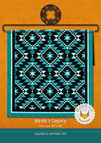 All Patterns Are Brand New From The Designer or Manufacturer! Myrtle's Legacy Quilt Quilting Pattern, From QuiltFox Designs NEW, Please See Description and Pictures For More Information! Traditional native American motives in 3 shades of turquoise with a black background creates a stunning effect. The quilt is featuring the Speckles fabric line from Hoffman California.  Finished Size: 66" inch x 93" inch. See Pictures For More Information