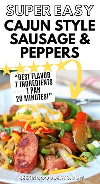 This cajun-style sausage and peppers recipe is a quick and easy one-pan meal! Only 7 ingredients and less than 20 minutes are all you need. Delicious sauteed smoked sausage with peppers and onions, cajun seasoning, topped with sour cream and cheese make a wonderfully simple weeknight meal. It's low carb, keto, and gluten free too!