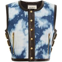 Fausto Puglisi Tie Dye Denim And Leather Vest ($2,890) ❤ liked on Polyvore featuring outerwear, vests, leather waistcoat, blue leather vest, tie dye vest, fausto puglisi and denim waistcoat