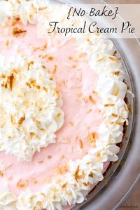 This easy no-bake pie tastes like a tropical island dream! Cream cheese, whipped cream, pineapple, Kool-Aid Easy Mix, and coconut make up this to-die for filling! #PourMoreFun #Ad @walmart