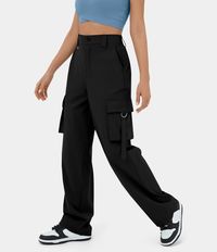 High Waisted Button Zipper Multiple Pockets Straight Leg Casual Cargo Pants