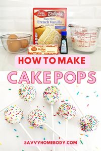 How to make cake pops step by step. The cake pop dough is made with a boxed cake mix without frosting. Then dipped into a chocolate coating and sprinkles.