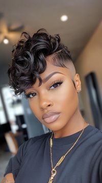 👩 Looking for a low-maintenance style? Achieve effortless volume and movement with this Short Hair Styles With Shaved Sides Short Haircuts for Black Women. Master the art of creating textured waves. Protects hair from heat damage while styling. Easy to maintain and style at home. Click for a step-by-step guide! #ShortHairStylesWithShavedSidesShortHaircutsforBlackWomen