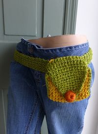 "Boho, Green, Dark Yellow and Orange  Hand Crochet With Jute Belt Pouch,Makeup Bag,Cell Phone Holder, Fanny Pack Belt is 32\"L  Bag is 5\" X 5\" in very good condition, great for travailing light or everyday use."