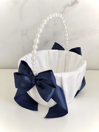 Navy Flower Basket, Navy Blue Wedding Basket Pearl Handle, Flower Girl Basket, Gift, Proposal, Set, White Wedding Basket Flower girl Baskets Price per 1 basket! Please choose your primary color (fabric color) in a drop down menu above the quantity. Made of satin, ribbons and brooch. Flower Girl Basket measures: 6.3 inches in diameter. Around 10-11 inches tall and around 4-4.5 inches deep. The ribbon on this basket can be changed to coordinate with your wedding colors. Other wedding accessories c