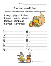 Thanksgiving ABC Order Worksheet