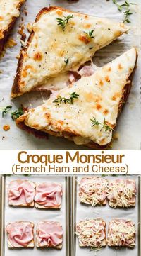 Croque Monsieur is a delicious French ham and cheese sandwich made with gruyere, parmesan, ham and a simple béchamel sauce, toasted in the oven. #hamandcheese #croquemonsieur #French #sandwich #tastesbetterfromscratch via @betrfromscratch