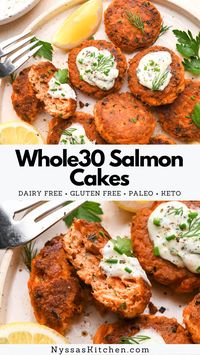 These Whole30 salmon cakes (salmon patties) are a delicious, protein rich recipe made with fresh salmon, herbs, and without breadcrumbs, panko, or flour. Easy enough to make on a weeknight but impressive enough to make for a dinner party! Bursting with flavor and nutrient dense. Whole30, paleo, gluten free, dairy free, low carb, and keto friendly.