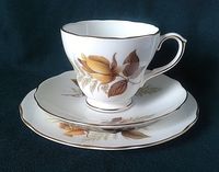 DUCHESS TEA TRIO BONE CHINA TEACUP SAUCER & SIDE PLATE YELLOW ROSES BROWN LEAVES  | eBay