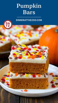 These pumpkin bars are light and fluffy cake bars made with pumpkin puree and spices, then topped with a layer of cream cheese frosting and sprinkles.