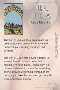 The Ten of Cups Tarot card meaning with the Rider Waite Smith Tarot Deck. Focuses on love. The Ten of Cups in love Tarot readings predicts positive outcomes for love and partnerships, including marriage and children. The Ten of Cups card advises getting to know potential partners better before making long-term plans. Additionally, if a partner is distant, it may be because they cannot provide everything wanted or are not ready to take the next step yet but still wish for a happy ending.