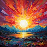 A beautiful abstract painting of a sun rising over the ocean surrounded by Mountains in the distance. Colorful and vibrant.