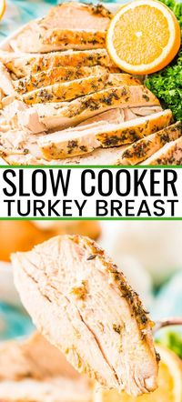 This Slow Cooker Turkey Breast is perfect for a small family or Thanksgiving dinner and the easiest way to make a juicy turkey with minimal prep and flavors of garlic, onion, and herbs.