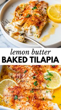 Enjoy this 20-minute Lemon Butter Baked Tilapia for weeknight dinners or meal prep! Lightly seasoned and dressed in a luxurious lemon butter sauce, every tender and flaky bite of fish is perfectly lemony, garlicky, and melt-in-your-mouth delicious.