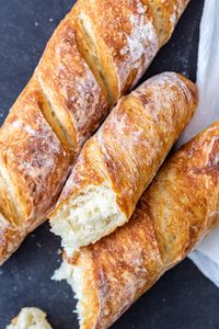 A homemade baguette is a true treat! Better yet, this recipe requires only four simple ingredients and absolutely no kneading.