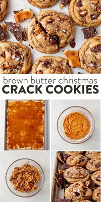 Chewy brown butter cookies with homemade saltine cracker toffee will become your new favorite cookie. The saltine toffee (aka Christmas crack) gives the cookies a salty, caramel flavor and a crunchy texture. The extra step of making your own toffee takes 15 minutes and is 100% worth it for these toffee cookies!