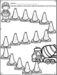 Practice tracing numbers with these cute construction worksheets for kids