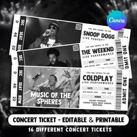 ⭐ WHAT WILL YOU RECEIVE? ✅ A PDF file that includes links to editable design template ✅ A detailed instruction file on how to edit on Canva ✅ Link to Print Template ✅16 Different Concert Tickets ✅Size of the templates 8.5 x 3 in (Size of the template is fixed and cannot be changed with free Canva) 𝗘𝗫𝗣𝗟𝗢𝗥𝗘 𝗠𝗢𝗥𝗘 𝗜𝗧𝗘𝗠𝗦: https://www.etsy.com/shop/ElysianTemplates 📢NOTE This is a digital product. No physical item will be shipped. Digital download is delivered immediately after your c