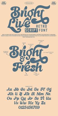 Bright Live Retro Script font is a vintage-inspired typeface that is perfect for creating classic design projects. Its elegant and curvy handwritten style makes it ideal for conveying a sense of nostalgia and timeless sophistication. This font is available in both regular and bold weights and includes uppercase and lowercase letters, numbers and punctuation symbols.  #Freefont #Freebie # Scriptfont #Retrofont