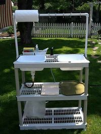 Collapsible Camp Washing Station from a plastic shelf. I have a couple of these outside my garage. Looks like it is time to create something out of them. :-)