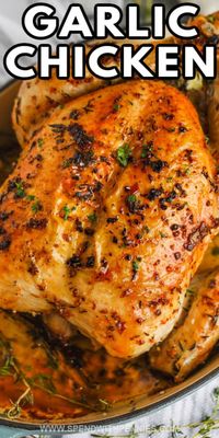 This Garlic Roast Chicken recipe has easy preparation and the best savory & buttery garlic flavor. It's stuffed with simple onion, and fresh rosemary or thyme. With simple ingredients and the perfect roasting time and technique, the chicken comes out tender and juicy on the inside with a crispy and flavorful skin. Roast in the oven and enjoy with favorite side dishes! #oven #garlicroastchicken #spendwithpennies #garlicherbbutterroastchicken