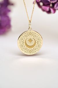 Our 14k Solid Gold Moon And Flowers Necklace can be personalized with a custom engraving on the back of the pendant.  It's a very nice gift for Birthdays, Anniversaries and Weddings. Moon represents calmness, beauty and nurturing. ● 14K SOLID GOLD ● FREE BACK SIDE PERSONALIZATION ● FREE SHIPPING  ● Inner diameter of the jump ring is 4mm ● Pendant thickness is 0.5mm 🇺🇸 All items are HANDMADE IN USA 🇺🇸 All materials are sourced from USA ● Chain Length Options    - Without Chain    - 40 cm / 16