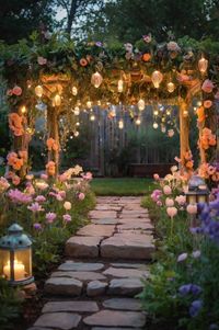 Cozy Fairy Garden Scene Description: Peach, mint, and lavender blooms glow softly at dusk with tiny twinkling lights for a magical feel. Hashtags: #FairyGarden #PastelDecor #DreamyVibes