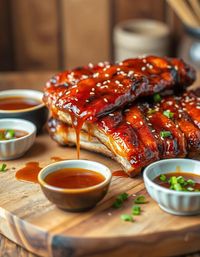 Ingredients:

2 lbs pork ribs
1/4 cup honey, 1/4 cup soy sauce
3 tbsp brown sugar

Instructions:

Preheat oven to 300°F. Season ribs; wrap in foil. Bake for 2 hours.
Combine honey, soy sauce, and brown sugar in a saucepan. Simmer until thick.
Unwrap ribs, broil 5-7 minutes, basting with glaze until sticky and caramelized.