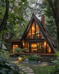 A modern A-frame cabin with large windows and warm interior lighting, surrounded by lush greenery and a stone pathway.