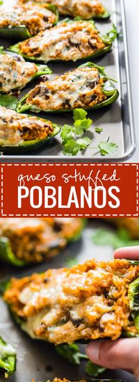 Queso Stuffed Poblanos recipe - Adaptable to whatever veggies or protein you have on hand. Easy vegetarian YUMS!