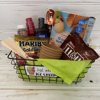 Just Add Ice Cream Gift Basket, Family Gift Basket. A great gift for the whole family to enjoy. Fun family desert to share, just add ice cream. Two options to choose from: A Gift Basket or Gift Box. Gift Basket Includes: Ice Cream Scoop, 12pk Wafer Cones, Topping, Ice Magic, M&Ms, Gummy Bears, Sprinkles, 4x Ice Cream Cups & 4x Spoons. Gift Box Includes: Ice Cream Scoop, Topping, Ice Magic, M&Ms, Gummy Bears, Sprinkles, 4x Ice Cream Cups & 4x Spoons. All our gift baskets are customisable so please message us if you wish to swap an item out for something else within the price range and we will do our best to accommodate your request depending on availability and cost of the requested items. We love making customised gift baskets especially one of a kind customised baskets just for you so fee